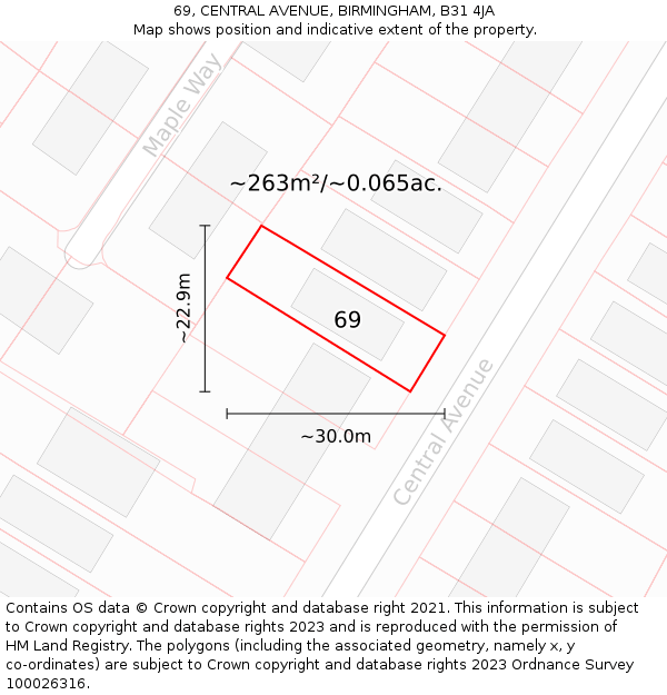 69, CENTRAL AVENUE, BIRMINGHAM, B31 4JA: Plot and title map