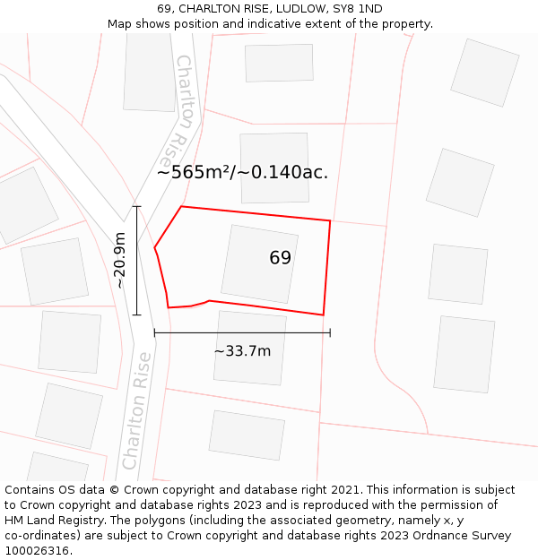 69, CHARLTON RISE, LUDLOW, SY8 1ND: Plot and title map