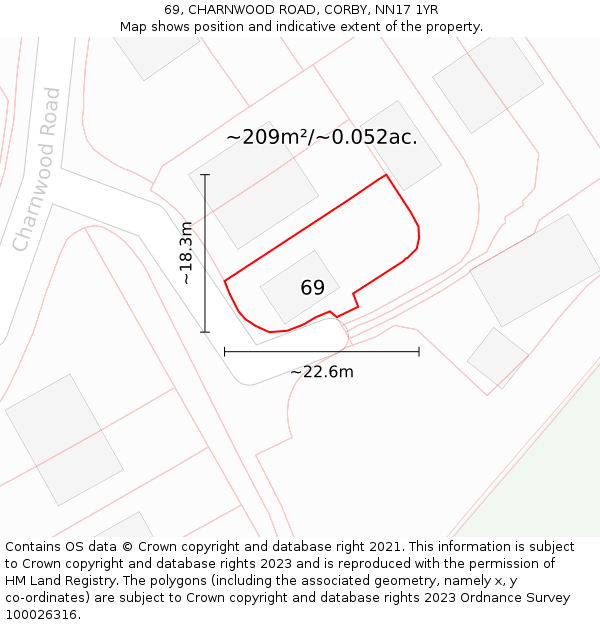 69, CHARNWOOD ROAD, CORBY, NN17 1YR: Plot and title map