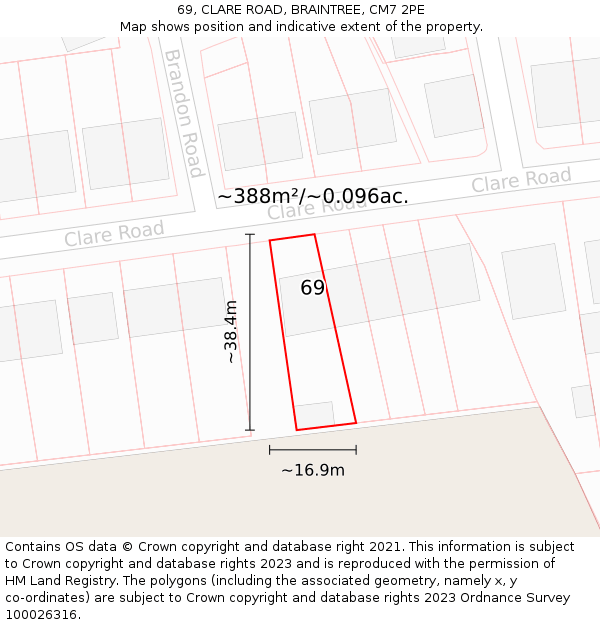 69, CLARE ROAD, BRAINTREE, CM7 2PE: Plot and title map