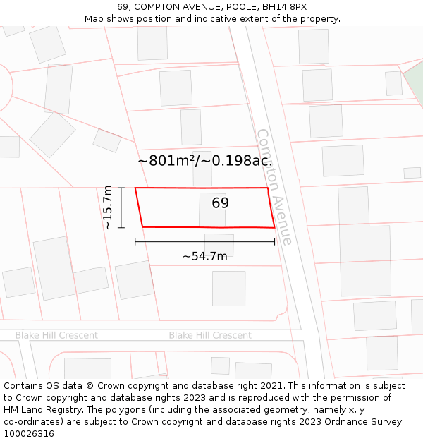 69, COMPTON AVENUE, POOLE, BH14 8PX: Plot and title map