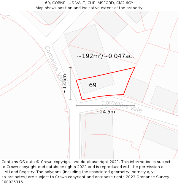 69, CORNELIUS VALE, CHELMSFORD, CM2 6GY: Plot and title map