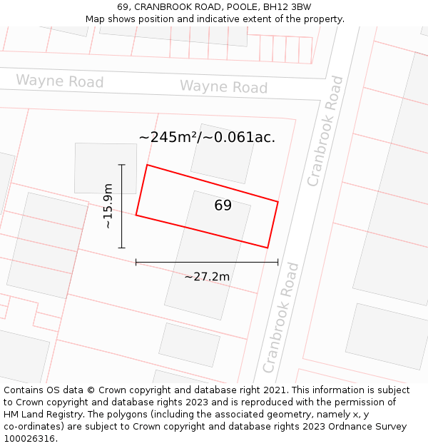 69, CRANBROOK ROAD, POOLE, BH12 3BW: Plot and title map
