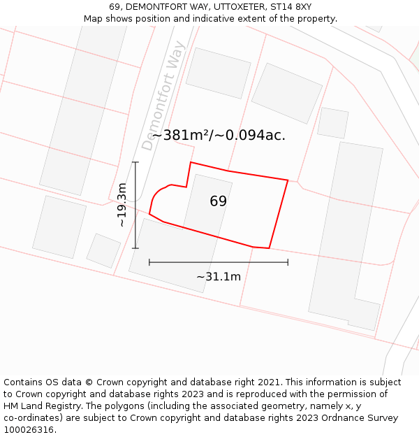 69, DEMONTFORT WAY, UTTOXETER, ST14 8XY: Plot and title map