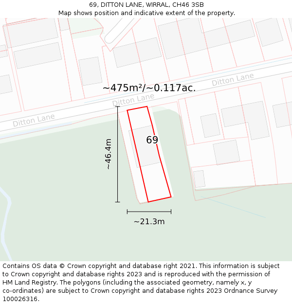 69, DITTON LANE, WIRRAL, CH46 3SB: Plot and title map