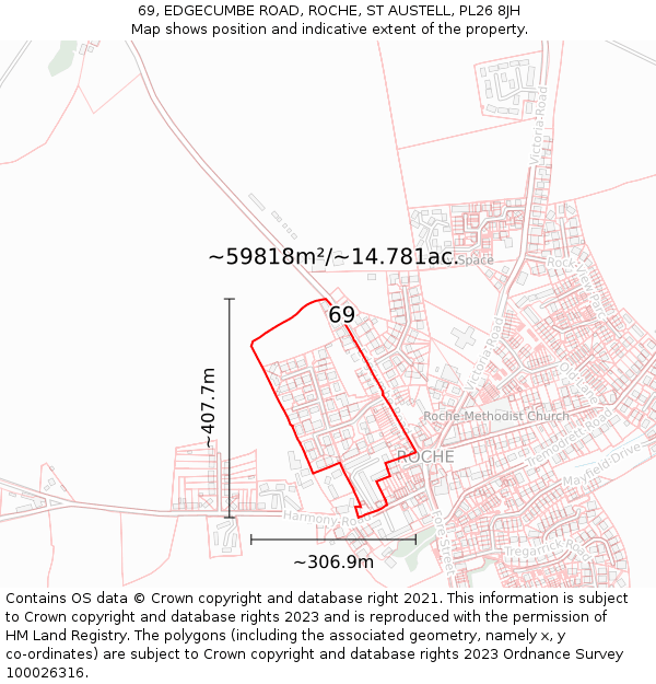 69, EDGECUMBE ROAD, ROCHE, ST AUSTELL, PL26 8JH: Plot and title map