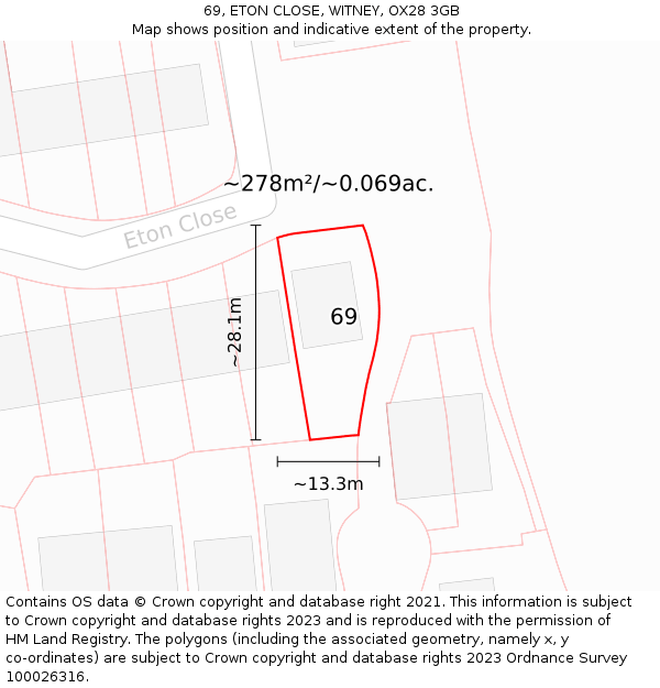 69, ETON CLOSE, WITNEY, OX28 3GB: Plot and title map
