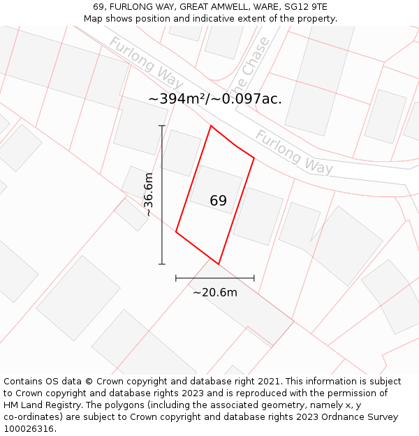 69, FURLONG WAY, GREAT AMWELL, WARE, SG12 9TE: Plot and title map