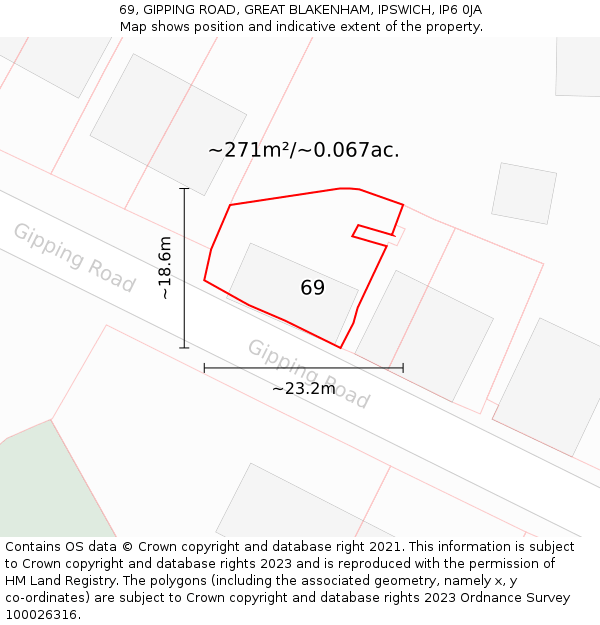 69, GIPPING ROAD, GREAT BLAKENHAM, IPSWICH, IP6 0JA: Plot and title map