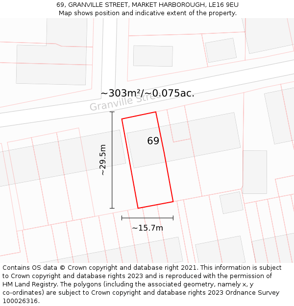69, GRANVILLE STREET, MARKET HARBOROUGH, LE16 9EU: Plot and title map