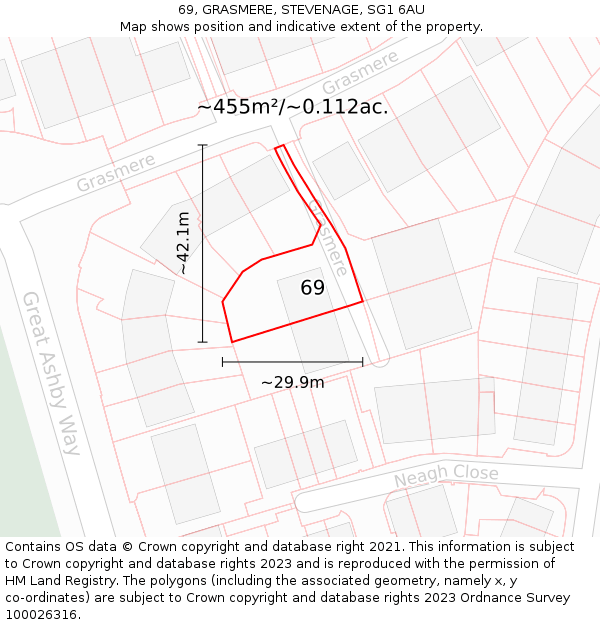 69, GRASMERE, STEVENAGE, SG1 6AU: Plot and title map