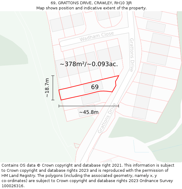 69, GRATTONS DRIVE, CRAWLEY, RH10 3JR: Plot and title map