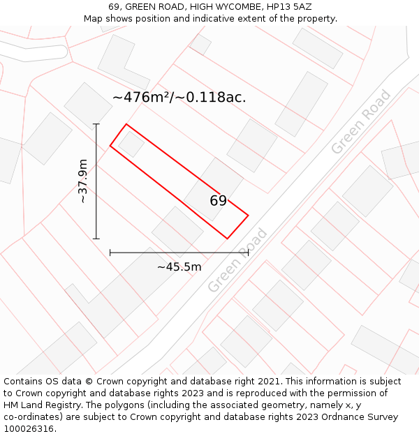 69, GREEN ROAD, HIGH WYCOMBE, HP13 5AZ: Plot and title map