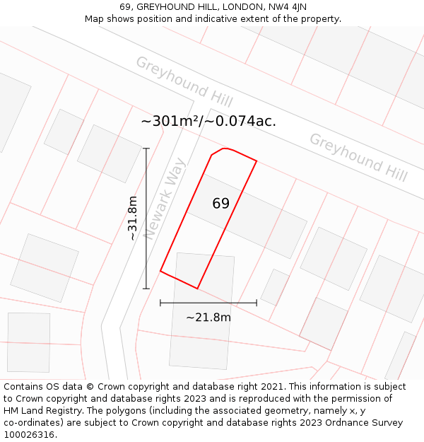 69, GREYHOUND HILL, LONDON, NW4 4JN: Plot and title map