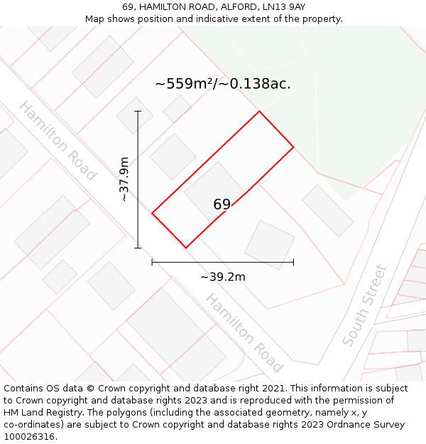 69, HAMILTON ROAD, ALFORD, LN13 9AY: Plot and title map