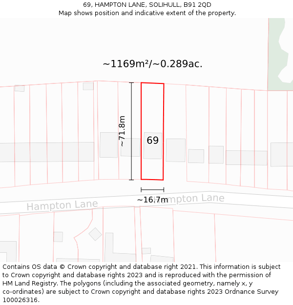 69, HAMPTON LANE, SOLIHULL, B91 2QD: Plot and title map