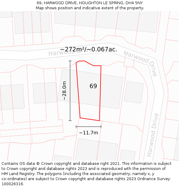 69, HARWOOD DRIVE, HOUGHTON LE SPRING, DH4 5NY: Plot and title map