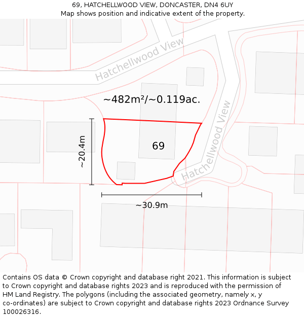 69, HATCHELLWOOD VIEW, DONCASTER, DN4 6UY: Plot and title map