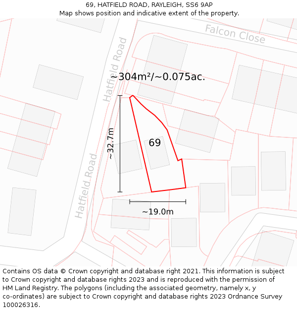 69, HATFIELD ROAD, RAYLEIGH, SS6 9AP: Plot and title map