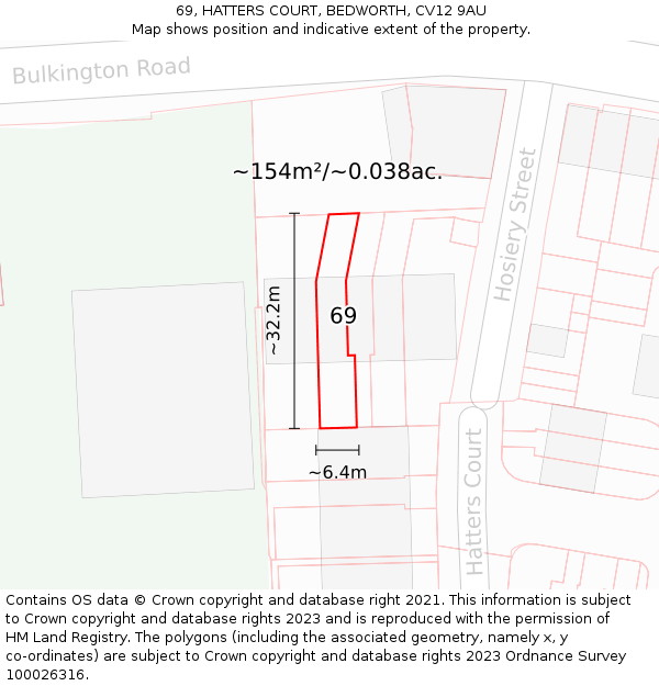 69, HATTERS COURT, BEDWORTH, CV12 9AU: Plot and title map