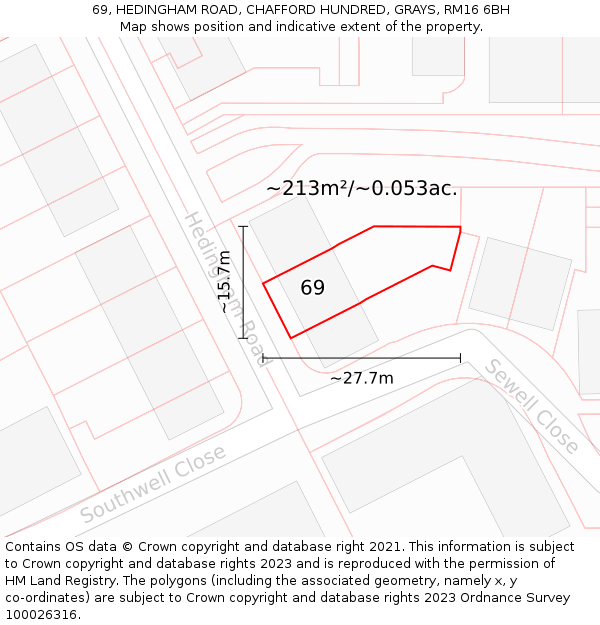 69, HEDINGHAM ROAD, CHAFFORD HUNDRED, GRAYS, RM16 6BH: Plot and title map