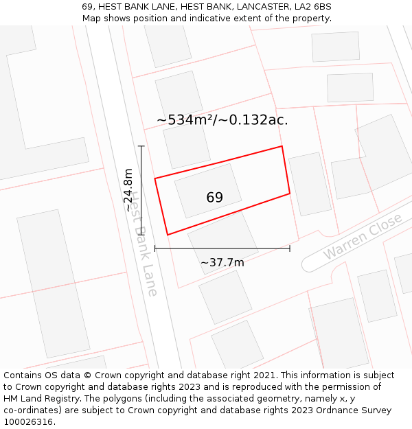 69, HEST BANK LANE, HEST BANK, LANCASTER, LA2 6BS: Plot and title map