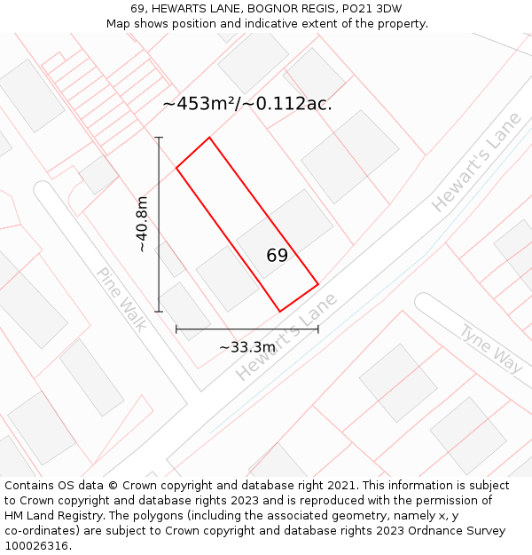 69, HEWARTS LANE, BOGNOR REGIS, PO21 3DW: Plot and title map