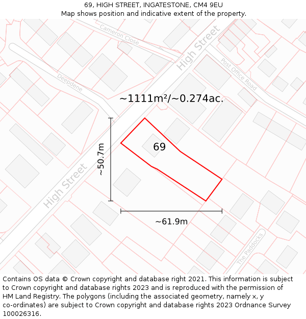 69, HIGH STREET, INGATESTONE, CM4 9EU: Plot and title map
