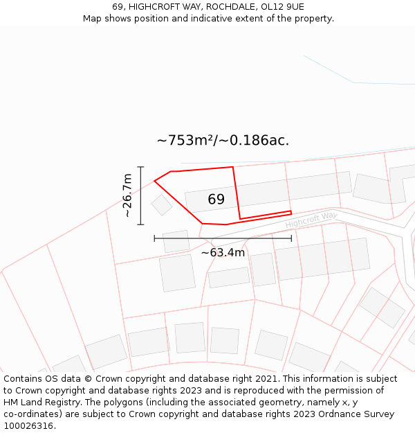 69, HIGHCROFT WAY, ROCHDALE, OL12 9UE: Plot and title map