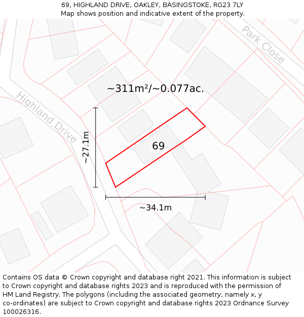 69, HIGHLAND DRIVE, OAKLEY, BASINGSTOKE, RG23 7LY: Plot and title map