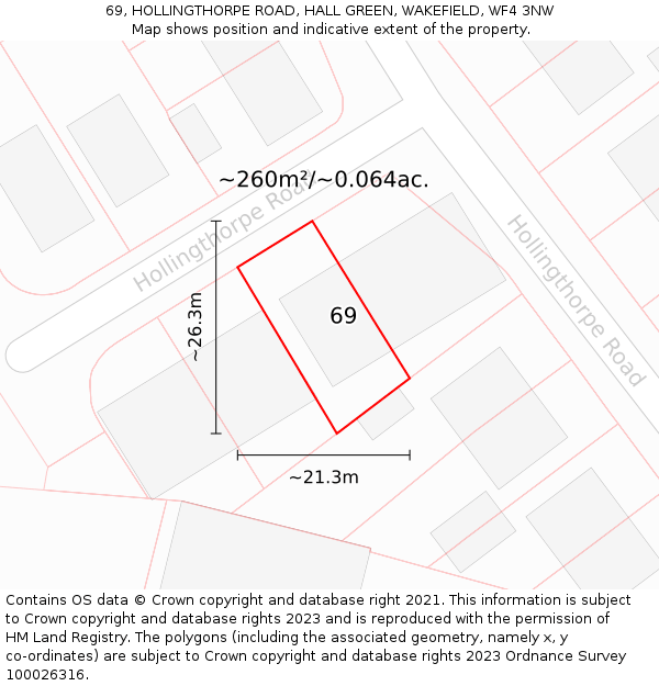 69, HOLLINGTHORPE ROAD, HALL GREEN, WAKEFIELD, WF4 3NW: Plot and title map