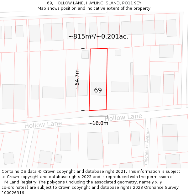 69, HOLLOW LANE, HAYLING ISLAND, PO11 9EY: Plot and title map