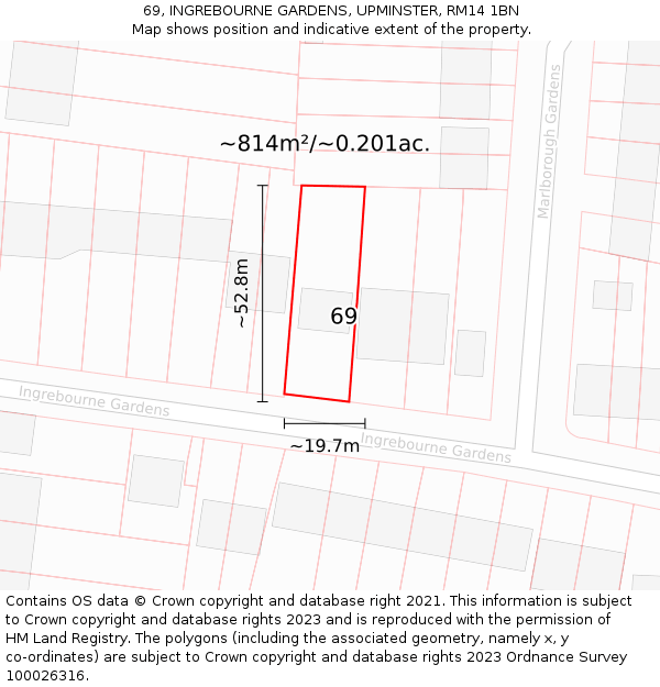 69, INGREBOURNE GARDENS, UPMINSTER, RM14 1BN: Plot and title map