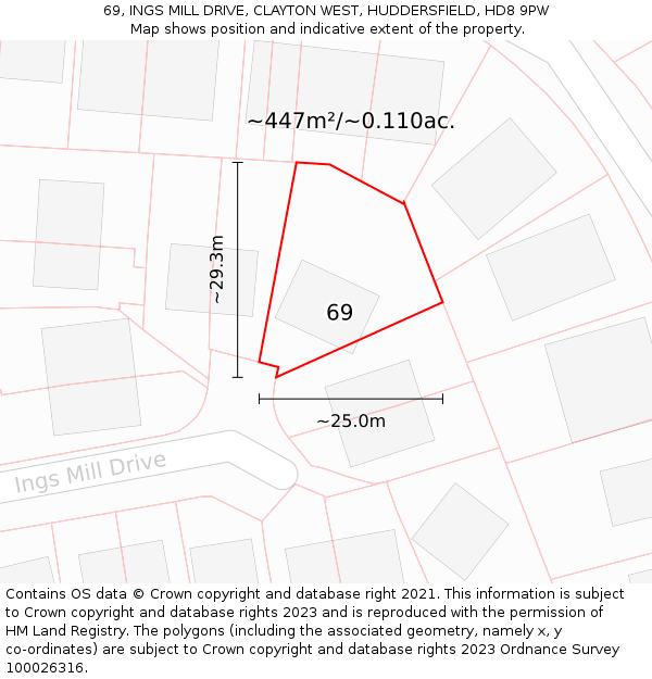 69, INGS MILL DRIVE, CLAYTON WEST, HUDDERSFIELD, HD8 9PW: Plot and title map