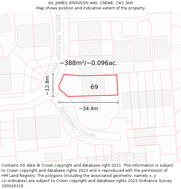 69, JAMES ATKINSON WAY, CREWE, CW1 3NX: Plot and title map