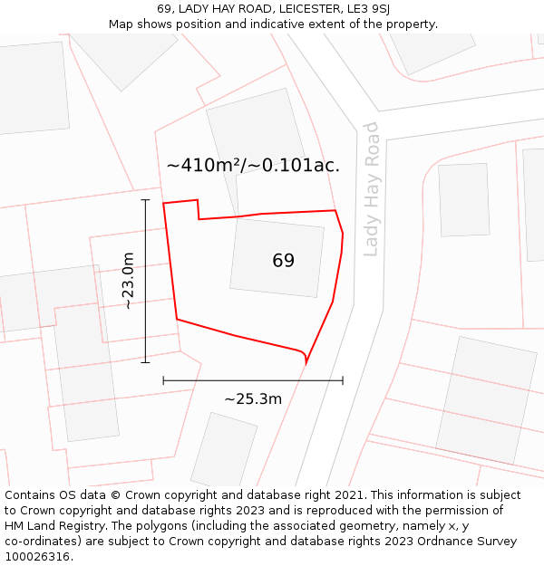 69, LADY HAY ROAD, LEICESTER, LE3 9SJ: Plot and title map