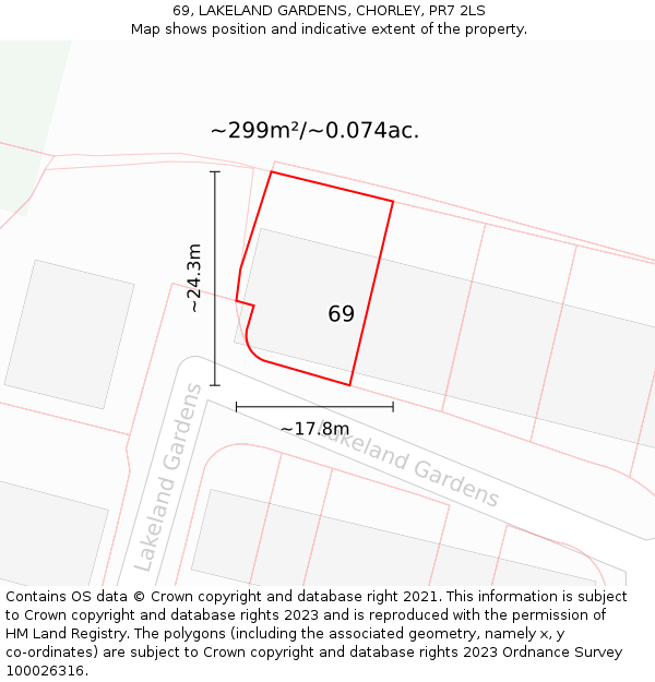 69, LAKELAND GARDENS, CHORLEY, PR7 2LS: Plot and title map