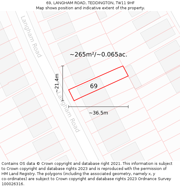 69, LANGHAM ROAD, TEDDINGTON, TW11 9HF: Plot and title map