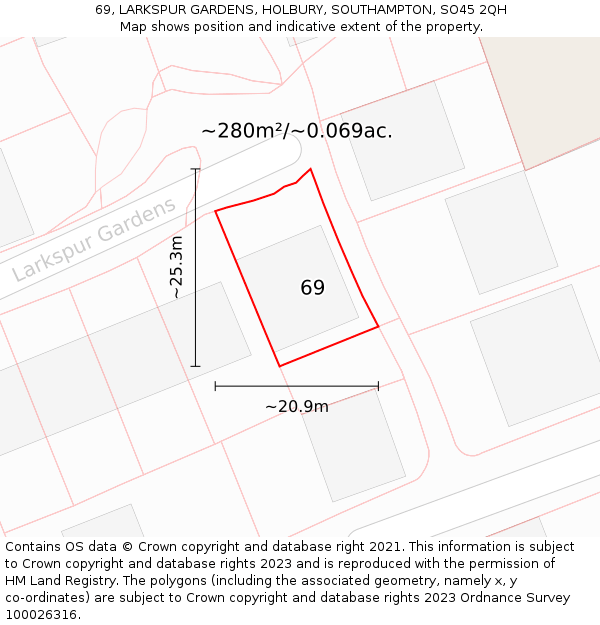 69, LARKSPUR GARDENS, HOLBURY, SOUTHAMPTON, SO45 2QH: Plot and title map