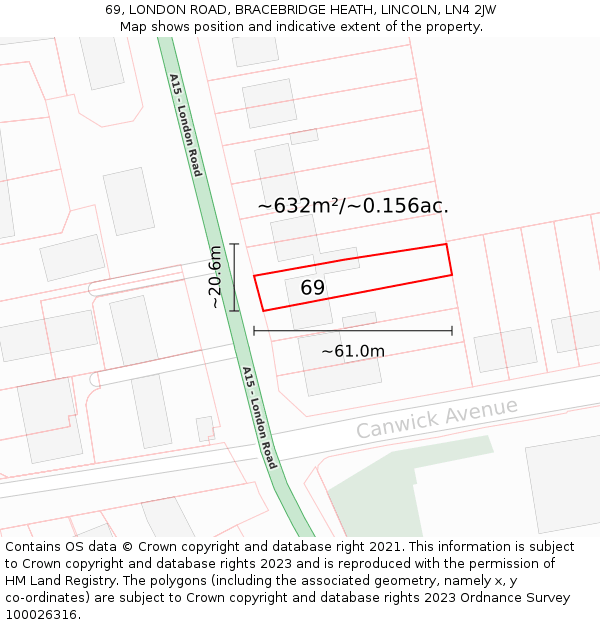 69, LONDON ROAD, BRACEBRIDGE HEATH, LINCOLN, LN4 2JW: Plot and title map