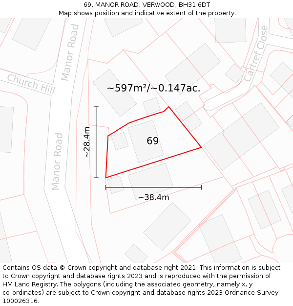 69, MANOR ROAD, VERWOOD, BH31 6DT: Plot and title map
