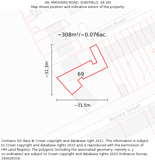 69, MANVERS ROAD, SHEFFIELD, S6 2PJ: Plot and title map