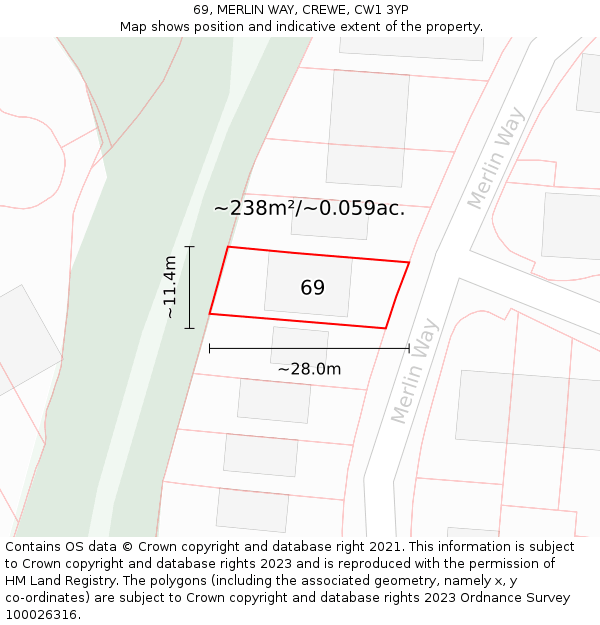 69, MERLIN WAY, CREWE, CW1 3YP: Plot and title map