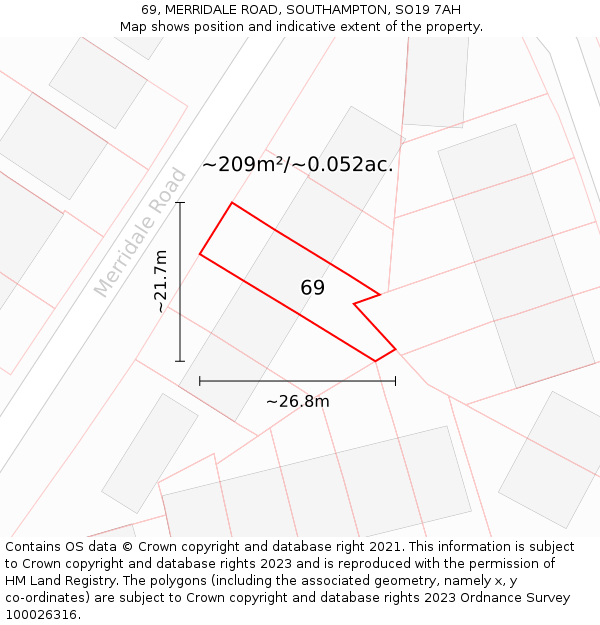 69, MERRIDALE ROAD, SOUTHAMPTON, SO19 7AH: Plot and title map