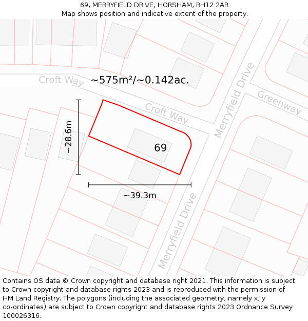 69, MERRYFIELD DRIVE, HORSHAM, RH12 2AR: Plot and title map