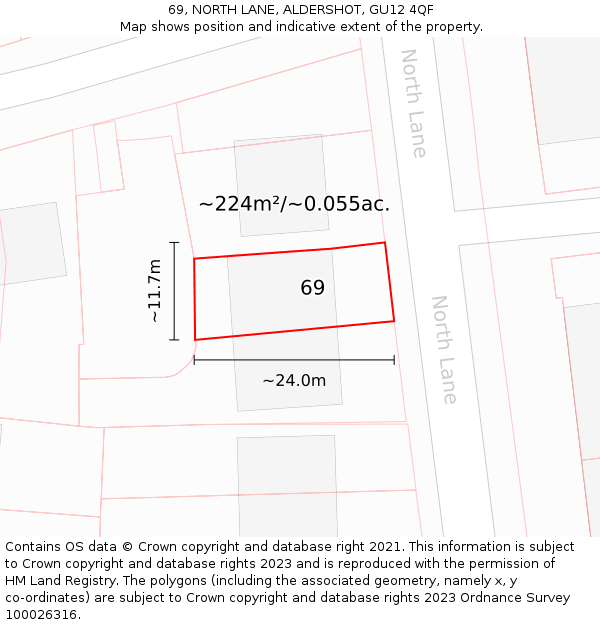 69, NORTH LANE, ALDERSHOT, GU12 4QF: Plot and title map