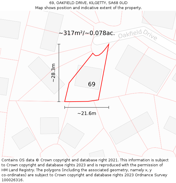 69, OAKFIELD DRIVE, KILGETTY, SA68 0UD: Plot and title map