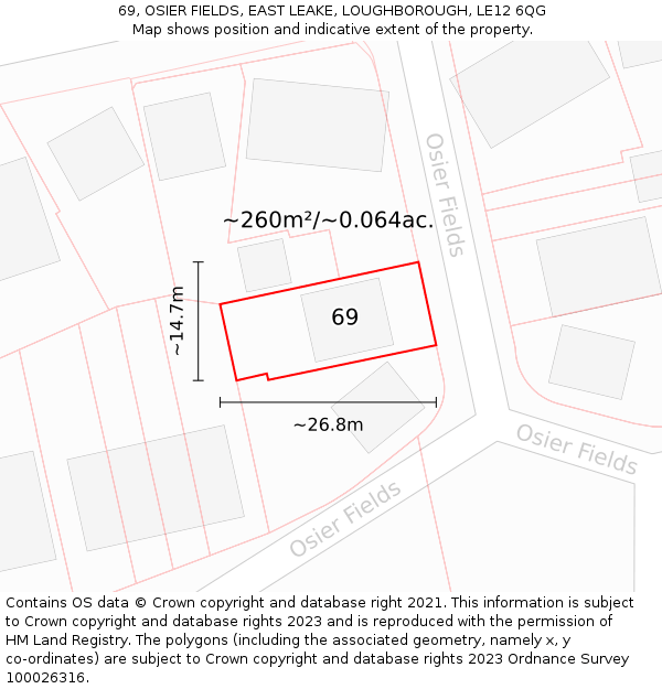 69, OSIER FIELDS, EAST LEAKE, LOUGHBOROUGH, LE12 6QG: Plot and title map