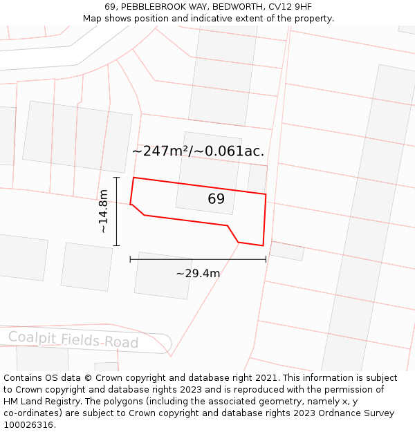 69, PEBBLEBROOK WAY, BEDWORTH, CV12 9HF: Plot and title map