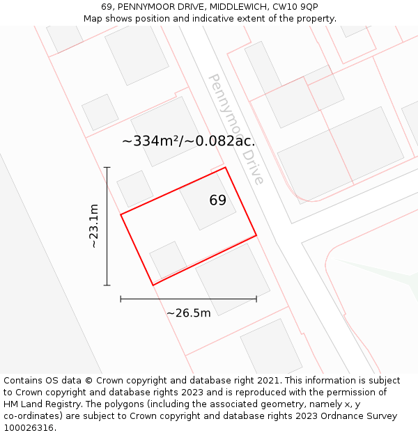 69, PENNYMOOR DRIVE, MIDDLEWICH, CW10 9QP: Plot and title map